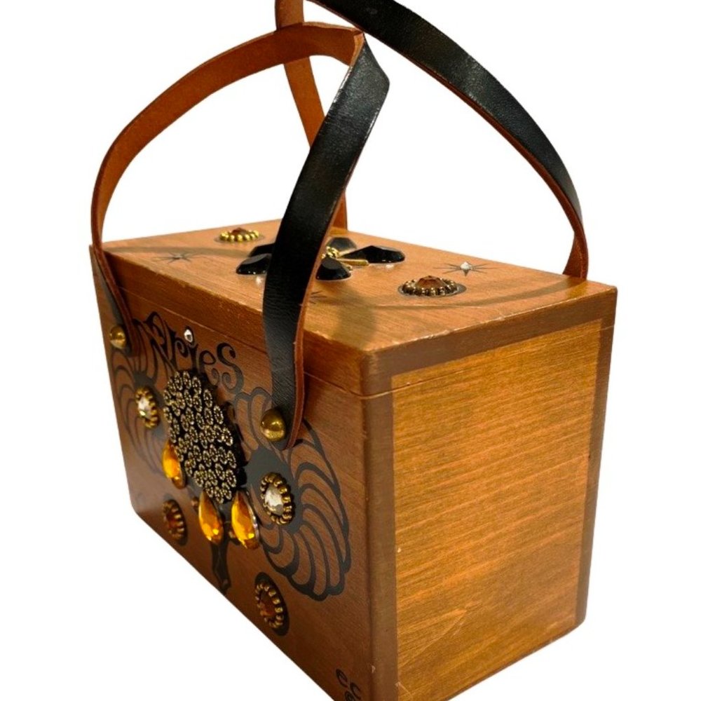 Vintage Enid Collins Texas Original Wooden Box Handbag ARIES Zodiac Rhinestone